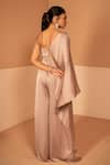 Shop_Kelaayah_Beige Imported Satin Embellished Plunged V Isla Jumpsuit  _at_Aza_Fashions