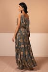 Shop_Kelaayah_Multi Color Chinon Printed Village Asymmetric Ally Scene Draped Gown  _at_Aza_Fashions