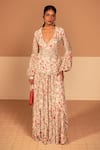 Buy_Kelaayah_Off White Chinon Printed Floral V Bloom Vogue Top And Skirt Co-ord Set _at_Aza_Fashions