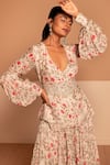Kelaayah_Off White Chinon Printed Floral V Bloom Vogue Top And Skirt Co-ord Set _Online_at_Aza_Fashions