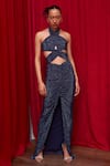 Buy_Itrh_Blue Net Embellished Crystal Halter Shimmer Slit Gown  _at_Aza_Fashions