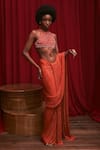 Buy_Itrh_Orange Net Embellished Mandarin Sparkle Pre-draped Skirt Saree Set _at_Aza_Fashions