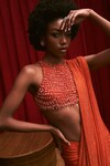 Itrh_Orange Net Embellished Mandarin Sparkle Pre-draped Skirt Saree Set _Online_at_Aza_Fashions
