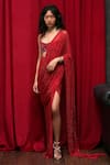 Buy_Itrh_Red Net Embellished Crystal Crimson Jewel Pre-draped Skirt Saree Set _at_Aza_Fashions