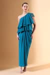 Buy_Aakaar x AZA_Blue Moss Crepe Embellished Bead One Shoulder Draped Dress _at_Aza_Fashions