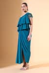 Aakaar x AZA_Blue Moss Crepe Embellished Bead One Shoulder Draped Dress _Online_at_Aza_Fashions