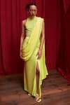 Buy_Itrh_Yellow Jersey Neon Prism Dazzle Pre-draped Saree With Bodysuit _at_Aza_Fashions
