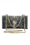 Shop_The Garnish Company_Black Sequin Elara Musk Rose Print Foldover Chain Clutch _at_Aza_Fashions