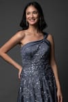 Shop_Pooja Peshoria_Silver Satin Embroidery Sequins One Shoulder Neck Gardenia Gown _at_Aza_Fashions