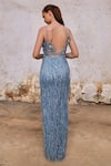 Pooja Peshoria_Blue Satin Embroidery Sequins Square Neck 3d Iris Embellished Draped Slit Gown _Online_at_Aza_Fashions