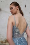 Buy_Pooja Peshoria_Blue Satin Embroidery Sequins Square Neck 3d Iris Embellished Draped Slit Gown _Online_at_Aza_Fashions