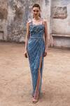 Shop_Pooja Peshoria_Blue Satin Embroidery Sequins Square Neck 3d Iris Embellished Draped Slit Gown _Online_at_Aza_Fashions