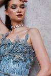 Pooja Peshoria_Blue Satin Embroidery Sequins Square Neck 3d Iris Embellished Draped Slit Gown _at_Aza_Fashions