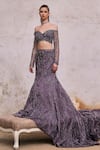 Shop_Pooja Peshoria_Purple Blended Crepe Embroidery Crystals Off Shoulder Garden Bridal Lehenga Set _Online_at_Aza_Fashions