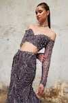 Pooja Peshoria_Purple Blended Crepe Embroidery Crystals Off Shoulder Garden Bridal Lehenga Set _at_Aza_Fashions