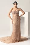 Buy_Pooja Peshoria_Beige Net Embroidery Sequins Off Shoulder Sweetheart Brazen Crystal Corset Gown _at_Aza_Fashions