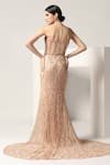 Pooja Peshoria_Beige Net Embroidery Sequins Off Shoulder Sweetheart Brazen Crystal Corset Gown _Online_at_Aza_Fashions