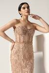 Pooja Peshoria_Beige Net Embroidery Sequins Off Shoulder Sweetheart Brazen Crystal Corset Gown _at_Aza_Fashions