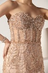 Shop_Pooja Peshoria_Beige Net Embroidery Sequins Off Shoulder Sweetheart Brazen Crystal Corset Gown _at_Aza_Fashions