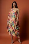 Buy_Meghna shah_Multi Color Slub Satin And Soft Georgette Printed Dress With Belt _at_Aza_Fashions