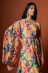 Shop_Meghna shah_Multi Color Slub Satin And Soft Georgette Printed Dress With Belt _at_Aza_Fashions