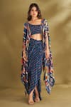 Buy_AFFROZ_Blue Viscose Crepe Digital Printed Ikat Floral Cape Blouse And Draped Skirt Set_at_Aza_Fashions