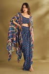 AFFROZ_Blue Viscose Crepe Digital Printed Ikat Floral Cape Blouse And Draped Skirt Set_Online_at_Aza_Fashions