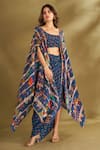 Buy_AFFROZ_Blue Viscose Crepe Digital Printed Ikat Floral Cape Blouse And Draped Skirt Set_Online_at_Aza_Fashions