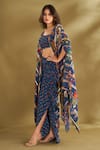 Shop_AFFROZ_Blue Viscose Crepe Digital Printed Ikat Floral Cape Blouse And Draped Skirt Set_Online_at_Aza_Fashions
