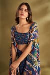 Buy_AFFROZ_Blue Viscose Crepe Digital Printed Ikat Floral Cape Blouse And Draped Skirt Set