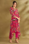 AFFROZ_Pink Viscose Crepe Digital Printed Ikat V Neck Floral Pattern Kurta And Pant Set _Online_at_Aza_Fashions