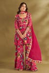 Buy_AFFROZ_Pink Viscose Crepe Digital Printed Ikat U Floral Short Anarkali Sharara Set _at_Aza_Fashions