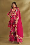 Buy_AFFROZ_Pink Viscose Crepe Digital Printed Ikat U Floral Short Anarkali Sharara Set _Online_at_Aza_Fashions