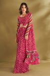 AFFROZ_Pink Viscose Crepe Printed Floral Buttis Boat Neck Pre-draped Saree With Blouse _Online_at_Aza_Fashions