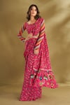 Buy_AFFROZ_Pink Viscose Crepe Printed Floral Buttis Boat Neck Pre-draped Saree With Blouse _Online_at_Aza_Fashions