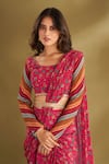 Shop_AFFROZ_Pink Viscose Crepe Printed Floral Buttis Boat Neck Pre-draped Saree With Blouse _Online_at_Aza_Fashions