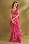 Buy_AFFROZ_Pink Viscose Crepe Printed Floral Buttis Sweetheart Pre-draped Saree With Blouse _at_Aza_Fashions