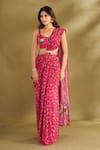 AFFROZ_Pink Viscose Crepe Printed Floral Buttis Sweetheart Pre-draped Saree With Blouse _Online_at_Aza_Fashions