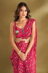 Shop_AFFROZ_Pink Viscose Crepe Printed Floral Buttis Sweetheart Pre-draped Saree With Blouse _Online_at_Aza_Fashions