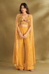 Buy_AFFROZ_Yellow Viscose Crepe Printed Floral Cape Open Ikat Flared Pant Set _at_Aza_Fashions