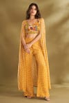 AFFROZ_Yellow Viscose Crepe Printed Floral Cape Open Ikat Flared Pant Set _Online_at_Aza_Fashions