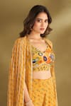 Shop_AFFROZ_Yellow Viscose Crepe Printed Floral Cape Open Ikat Flared Pant Set _Online_at_Aza_Fashions