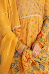 Shop_AFFROZ_Yellow Viscose Crepe Printed Floral Buttis V Neck Ikat Angarkha Anarkali Set _Online_at_Aza_Fashions