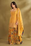 AFFROZ_Yellow Viscose Crepe Printed Floral Square Neck Ikat Buttis Kurta Set _Online_at_Aza_Fashions