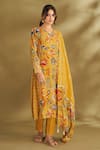 Buy_AFFROZ_Yellow Viscose Crepe Printed Floral V Neck And Ikat A-line Kurta Set _at_Aza_Fashions