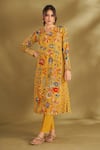 Shop_AFFROZ_Yellow Viscose Crepe Printed Floral V Neck And Ikat A-line Kurta Set _Online_at_Aza_Fashions