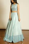 Buy_Pooja Peshoria_Blue Raw Silk Embroidery Crystals Round Sequin Galore Crop Top With Lehenga _at_Aza_Fashions