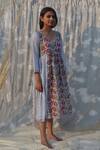 Buy_Studio Malang_Grey Cotton, Silk Embroidery Round Neck Pomegranate Print Dress_at_Aza_Fashions