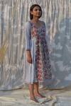Studio Malang_Grey Cotton, Silk Embroidery Round Neck Pomegranate Print Dress_Online_at_Aza_Fashions