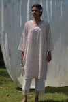 Studio Malang_White Velvet Printed Floral Scallop V Neck Kurta Set _Online_at_Aza_Fashions